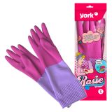 Перчатки резиновые хозяйственные York "Рози", многоразовые, с удлиненной манжетой, хлопчатобумажное напыление, ароматизированные, разм. S