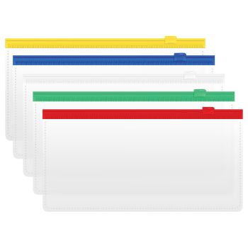 Папка-конверт на zip-молнии СТАММ 255*130мм, ПВХ, 120мкм, прозрачная, цветная молния, карман, для ж/д и авиа билетов, ассорти