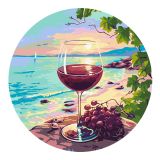 Картина по номерам на фигурном холсте ТРИ СОВЫ "Закат, вино и море", форма круг, с акриловыми красками и кистями