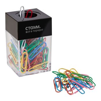 Скрепочница магнитная СТАММ, 100 цветных скрепок, прозрачный корпус, картонная коробка